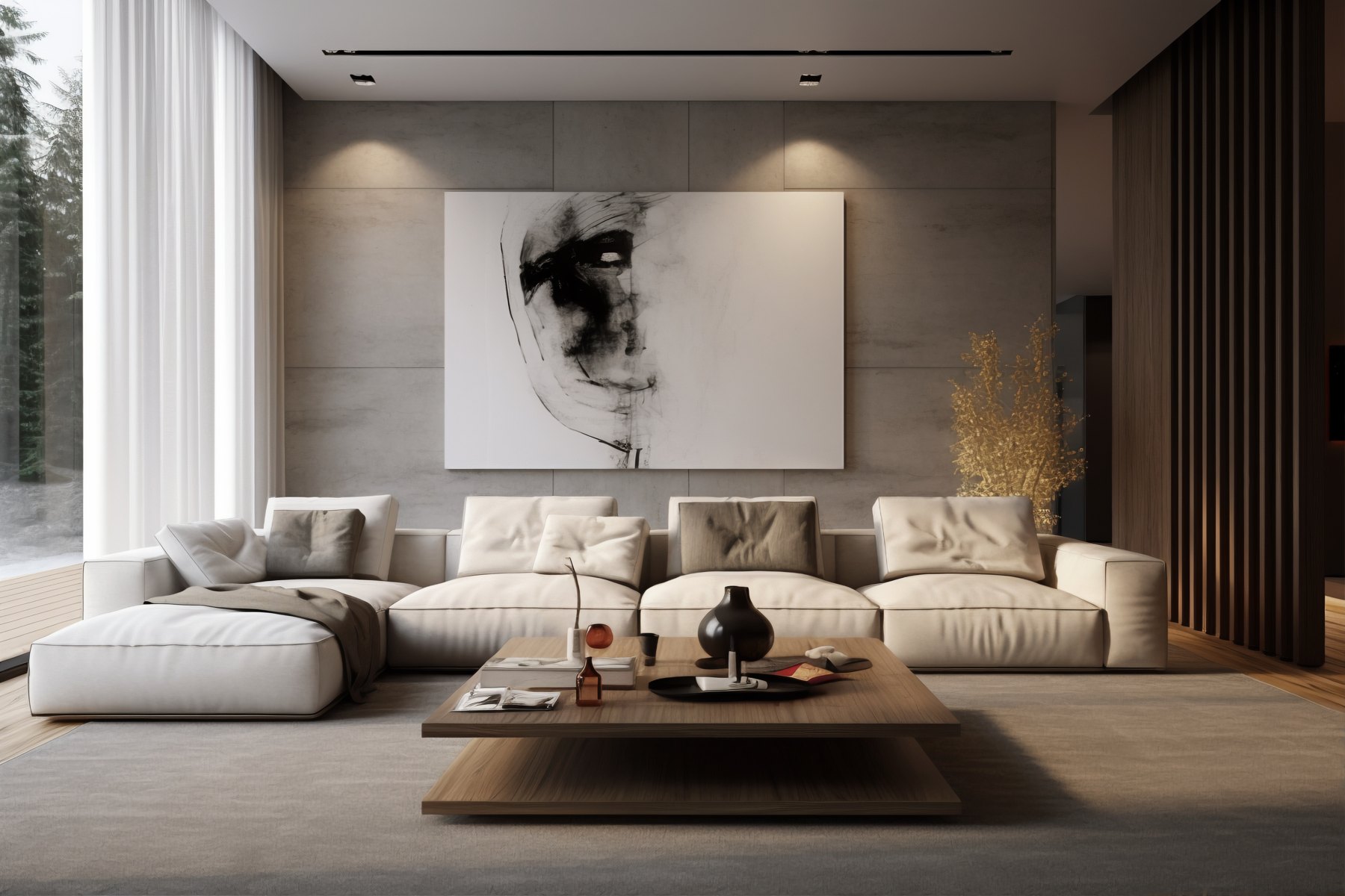 Salón contemporáneo con madera y tonos tierra
